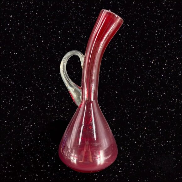 Hand Blown Art Glass Vase Ruby Red Clear Handle Hand Made Vintage Glass Jug - Picture 14 of 15